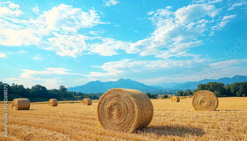 Vast countryside farmland with rolled straw bales under an open blue sky