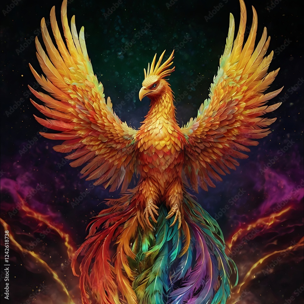 Fototapeta premium A stunning AI-generated phoenix, radiating vibrant flames of orange, red, and gold, symbolizes rebirth and resilience. Its intricate details and ethereal glow bring this mythical creature to life in a