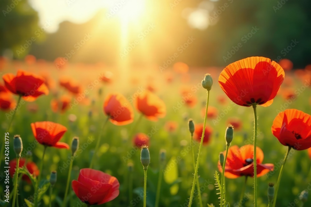 Fototapeta premium Sunlight filtering through poppy stems in the meadow, bloom, flowers, poppies
