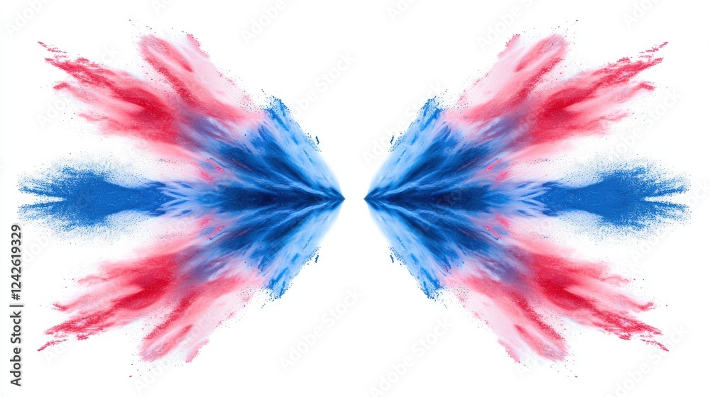 Fototapeta premium Symmetrical Red And Blue Powder Explosion On White Background