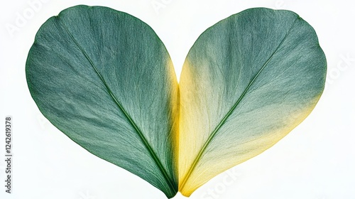 Teal and Yellow Leaves Forming a Heart Shape on White Background