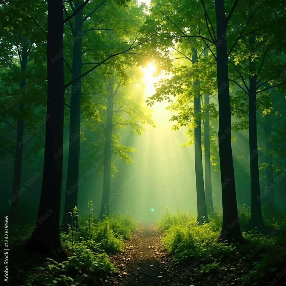 Obraz premium Misty forest with tall trees and dappled sunlight filtering through leaves, sunlight, foliage, verdant