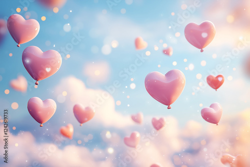 Soft pink heart-shaped balloons float into a dreamy blue sky, creating a whimsical and romantic Valentine’s Day atmosphere.