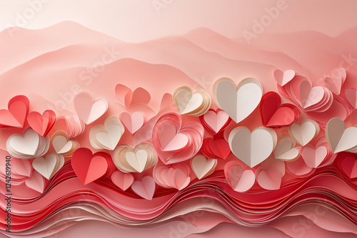 A stunning layered paper heart composition in red, pink, and white, creating a romantic and artistic Valentines Day aesthetic.