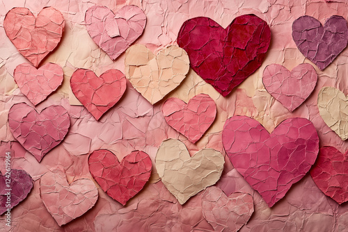 A textured collage of pink and red paper hearts on a layered background, creating a rustic and artistic Valentines theme.