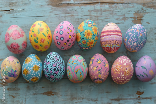 A collection of beautifully hand-painted Easter eggs featuring floral and intricate patterns on a rustic wooden surface.