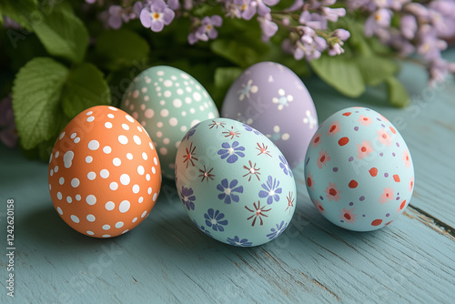 Beautiful pastel Easter eggs with floral and polka dot patterns, arranged on a rustic wooden surface with fresh flowers.