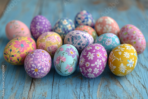 Vibrant Easter eggs with intricate floral designs in pastel and bright colors, arranged on a rustic blue wooden surface.
