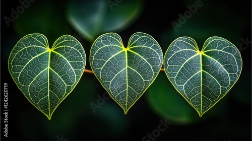 Three Heart Shaped Green Leaves Close Up Macro Shot