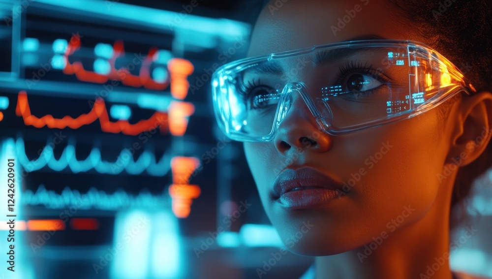Focused Scientist: A close-up shot of a female scientist, wearing protective eyewear, intensely studying data displayed on a large screen filled with vibrant graphs and charts. Focused Scientist: A close-up shot of a female scientist, wearing protective eyewear, intensely studying data displayed on a large screen filled with vibrant graphs and charts.