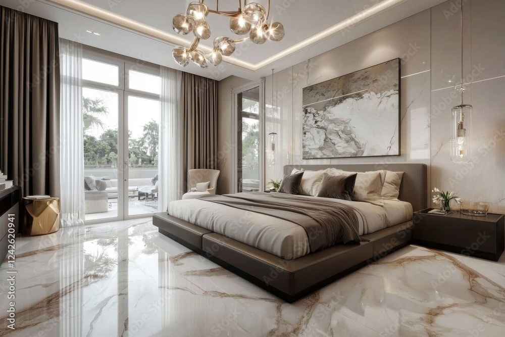 Fototapeta premium Opulent bedroom design showcasing exquisite marble flooring.