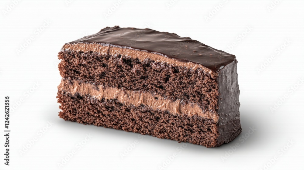 Single Slice of Delicious Two Layered Chocolate Cake with Creamy Frosting on White Background Single Slice of Delicious Two Layered Chocolate Cake with Creamy Frosting on White Background