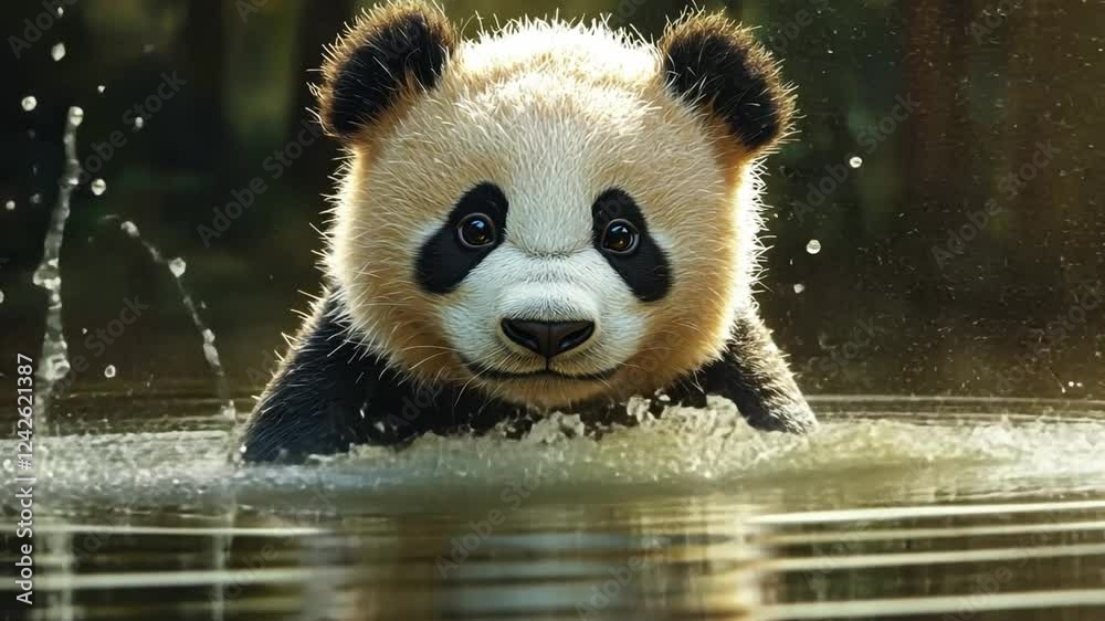 Playful Panda Splash: A curious and adorable panda cub enjoys a refreshing dip in a pond, playfully splashing water with its paws, as it gazes directly at the camera with an irresistible charm.