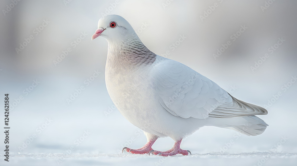 Naklejka premium White pigeon standing in snow, side profile, red eyes, pink legs.