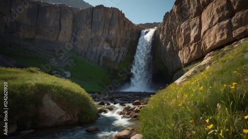 Majestic Waterfall Cascading Down Rocky Cliffs Amidst Blooming Meadows