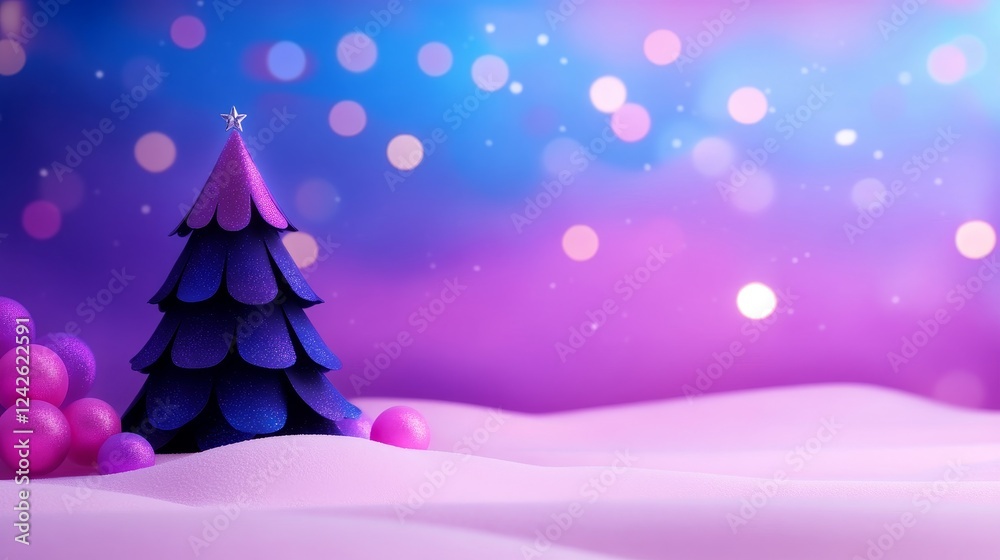 Purple and Blue Winter Wonderland Christmas Tree - A stylized purple and blue Christmas tree sits in a snowy landscape with pink ornaments, against a bokeh background. Festive and whimsical. Purple and Blue Winter Wonderland Christmas Tree - A stylized purple and blue Christmas tree sits in a snowy landscape with pink ornaments, against a bokeh background. Festive and whimsical.