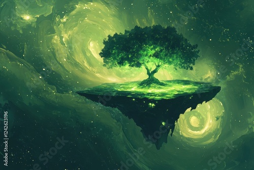 Glowing Tree on a Floating Island in Space photo