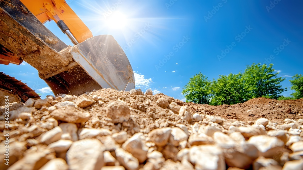 Obraz premium Excavator Digging Rocks and Soil Under Bright Sunny Sky Construction Site