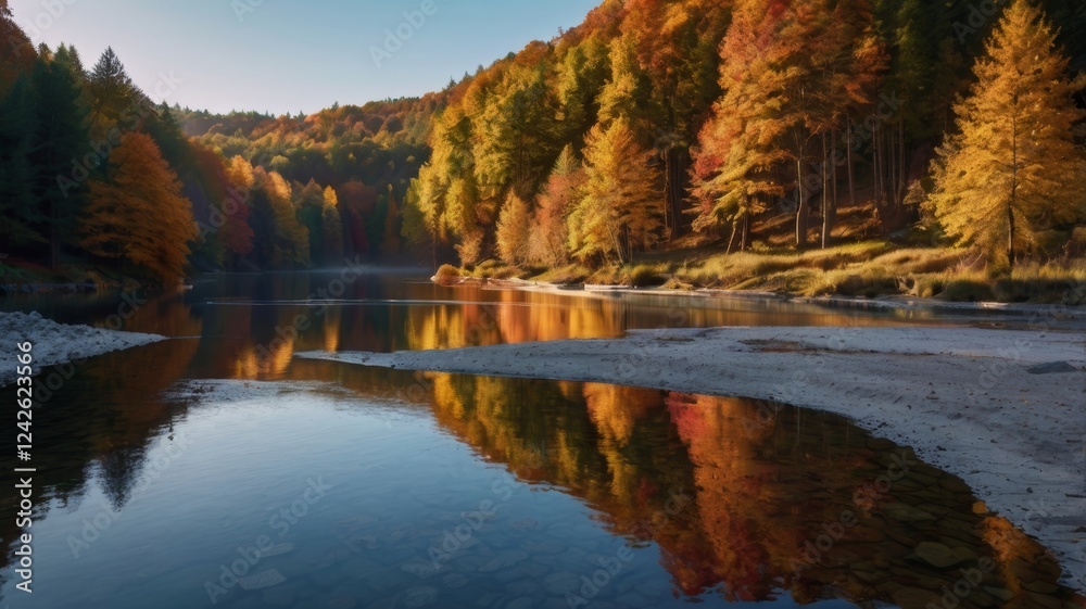 Fototapeta premium Autumnal River Reflection: Golden Forest Serenity