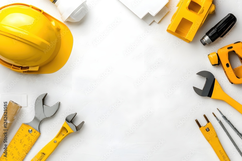 Yellow Tools and Safety Helmet on White Background Construction Concept Yellow Tools and Safety Helmet on White Background Construction Concept