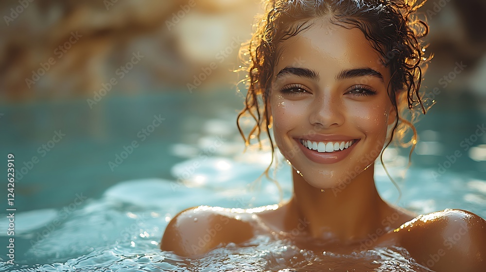 Obraz premium A beautiful woman smiles and splashes in the pool on a sunny day