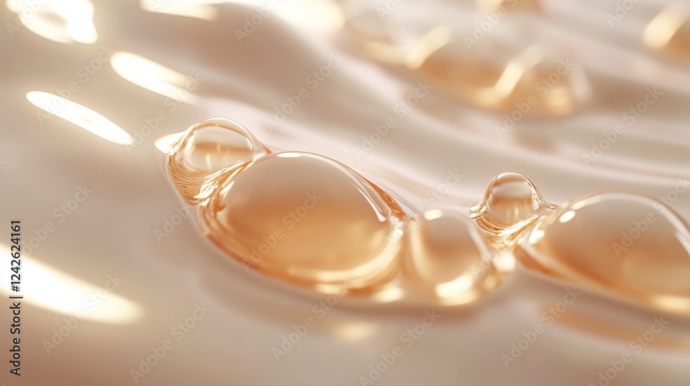 Close-up aesthetic water droplets on a light surface with gentle waves, soft focus and light play Close-up aesthetic water droplets on a light surface with gentle waves, soft focus and light play