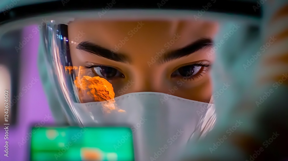 Close-up of a focused individual in a protective suit examining a vibrant scientific experiment Close-up of a focused individual in a protective suit examining a vibrant scientific experiment