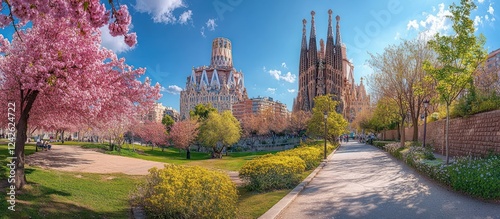 Barcelona park path, spring blossoms, Sagrada Familia