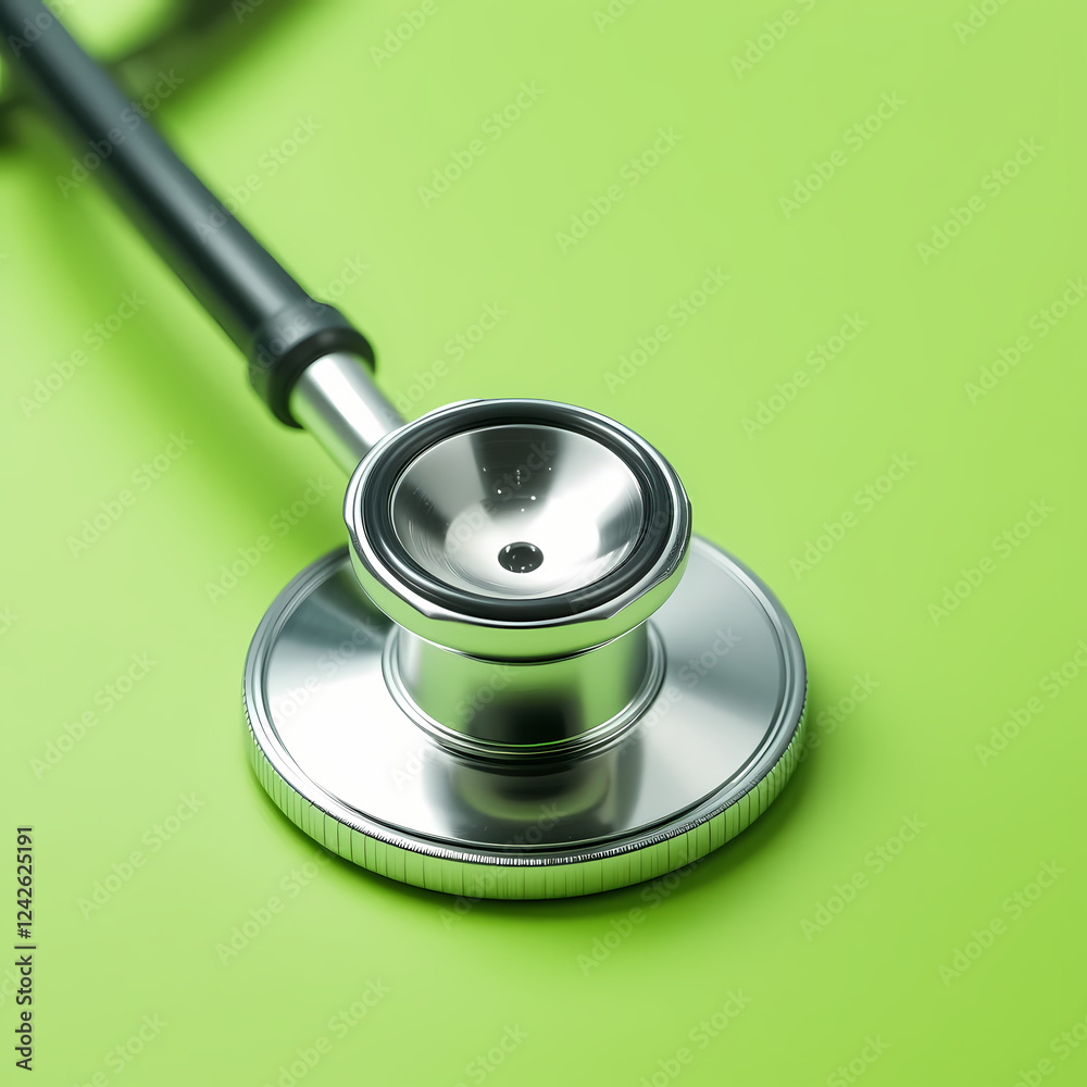 Medical stethoscope on green background shiny chrome medical instrument on transparent background Medical stethoscope on green background shiny chrome medical instrument on transparent background