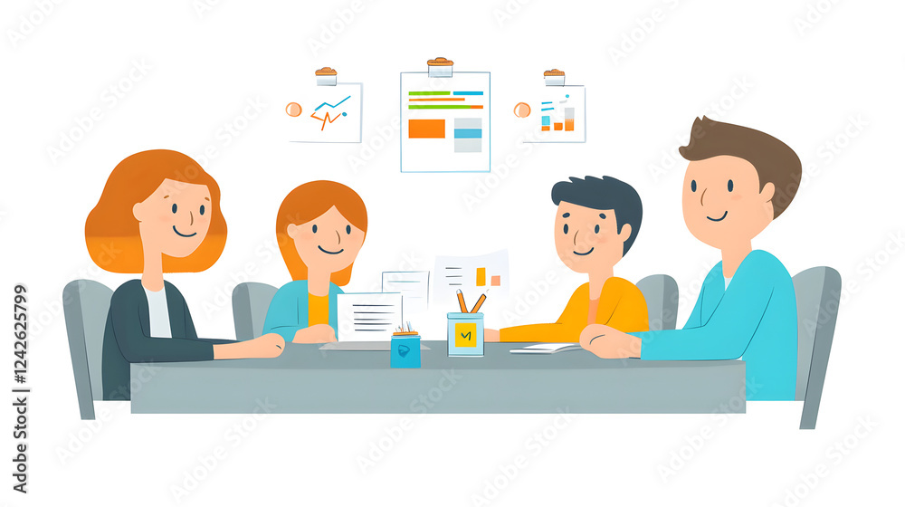 Friendly business meeting scene with four people sitting around a table, two women in colorful clothing and two men in formal attire, engaging in conversation in a modern - decorated room with artwork Friendly business meeting scene with four people sitting around a table, two women in colorful clothing and two men in formal attire, engaging in conversation in a modern - decorated room with artwork