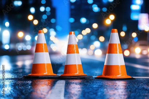 City Night Traffic Cones Wet Asphalt Road Safety Warning