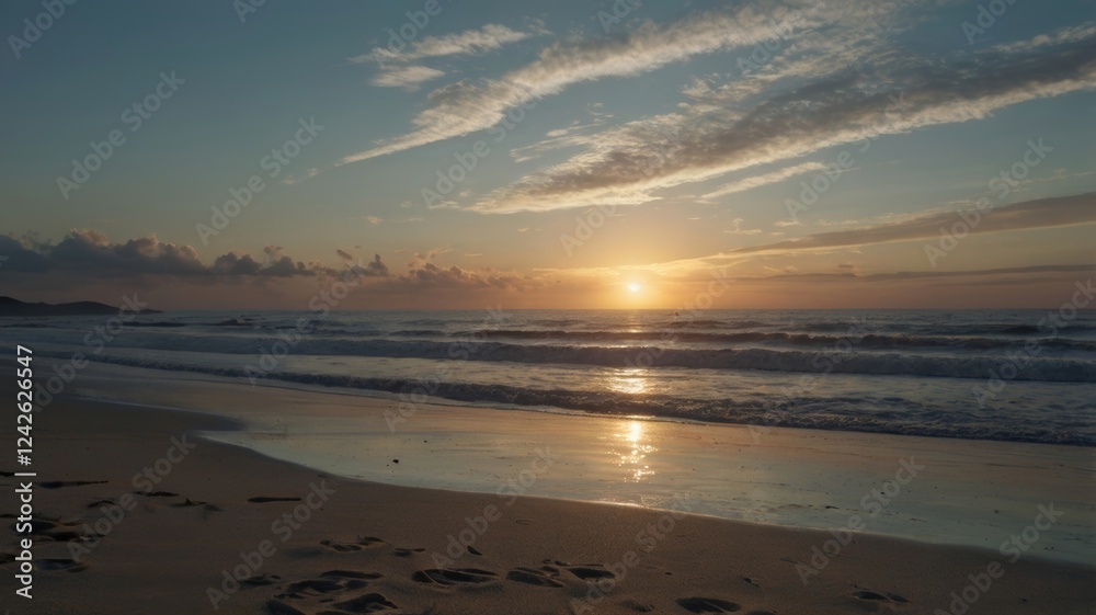 Obraz premium Serene Sunset Over Coastal Beachscape