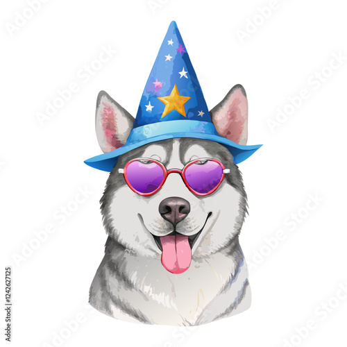 Siberian husky wearing witch magical hat Watercolor painting vector art design