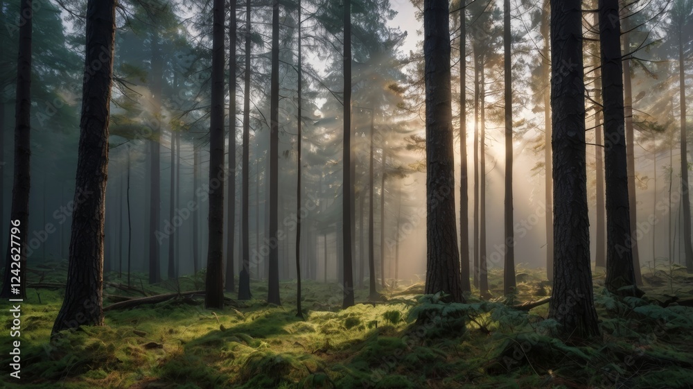 Obraz premium Sunbeams Filtering Through Misty Pine Forest