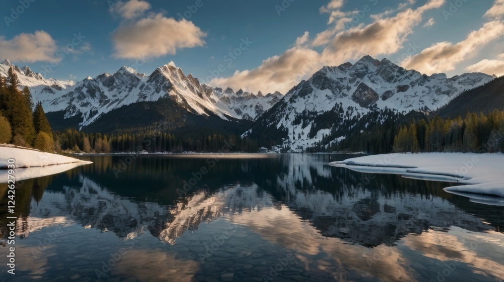Obraz premium Majestic Mountain Lake Reflection at Sunset