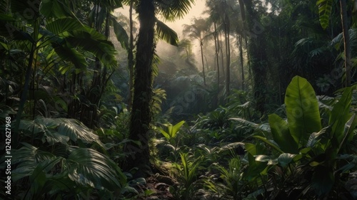 Fototapeta Naklejka Na Ścianę i Meble -  Lush Tropical Rainforest at Dawn: Sunlight Filtering Through Canopy