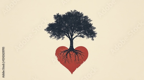 a tree with roots in red heart shaped 