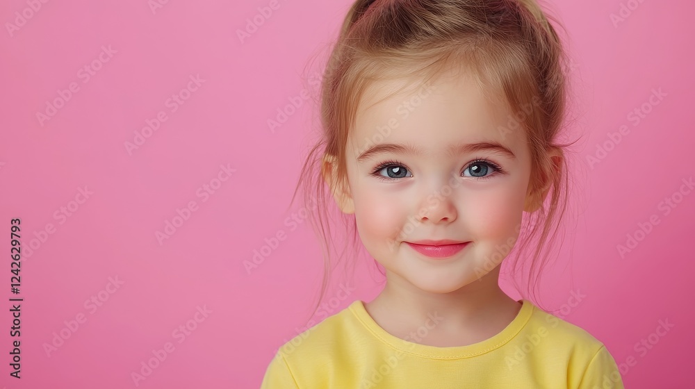 Happy Little Girl Portrait - Adorable toddler girl with blonde hair and blue eyes smiles at the camera against a pink background. Happy Little Girl Portrait - Adorable toddler girl with blonde hair and blue eyes smiles at the camera against a pink background.