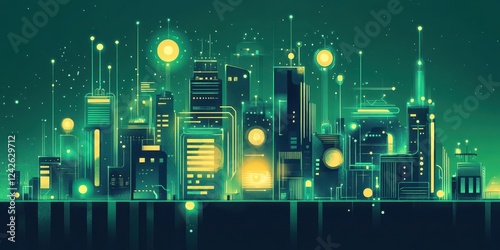 Futuristic Cityscape Illuminated With Green Neon Lights photo