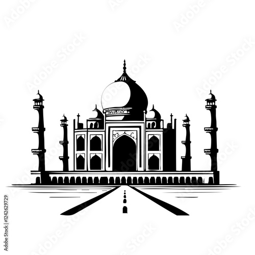 Black and white vintage-style illustration of the Taj Mahal, showcasing its iconic domes and minarets, symbolizing love, history, and Indian architecture.  
