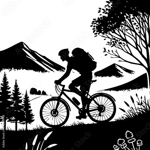 Black and white vintage-style illustration of a cyclist riding a mountain bike through a scenic landscape with mountains, trees, and nature, symbolizing outdoor adventure.  
