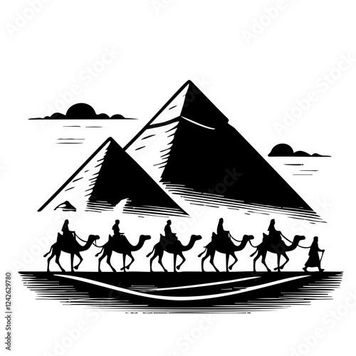 Camel Caravan Passing Egyptian Pyramids Illustration