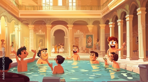 Roman Bathhouse Fun: A lighthearted and playful illustration depicting a group of friends enjoying a relaxing and social soak in a grand Roman bathhouse, brimming with laughter and camaraderie.  