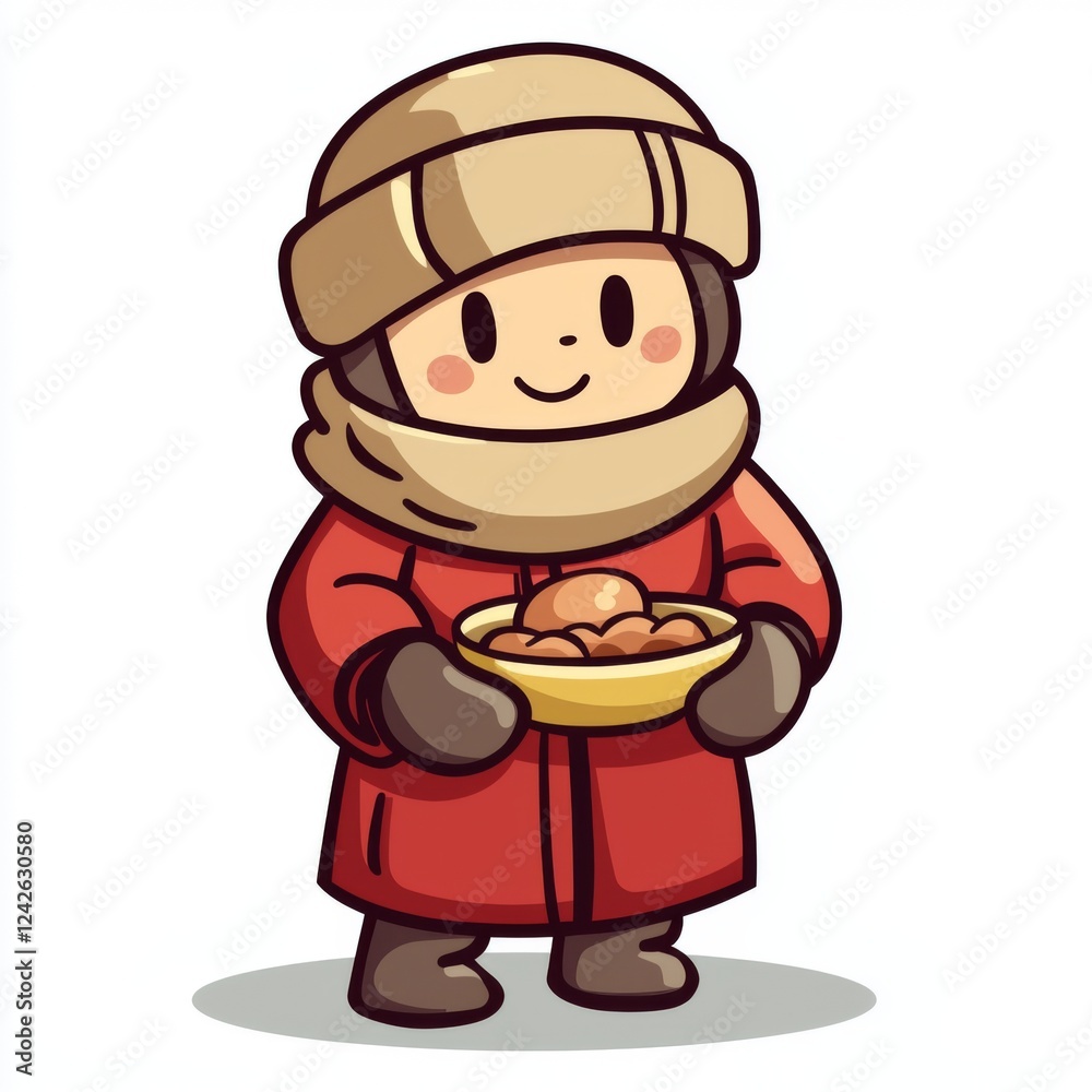 Cute cartoon character in winter attire holding a bowl of food with a cheerful expression, snow season illustration Cute cartoon character in winter attire holding a bowl of food with a cheerful expression, snow season illustration