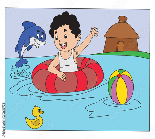 Happy Boy Swimming and Waving Hey in Pool Fun Water Activity Vector Illustration.