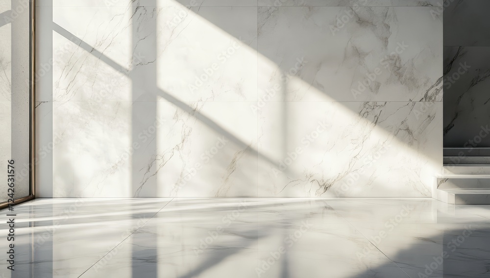 Obraz premium Sunlit Marble Interior: A minimalist interior bathed in the warm glow of sunlight, showcasing the sleek elegance of marble walls and polished floors, creating an airy and sophisticated ambiance. 