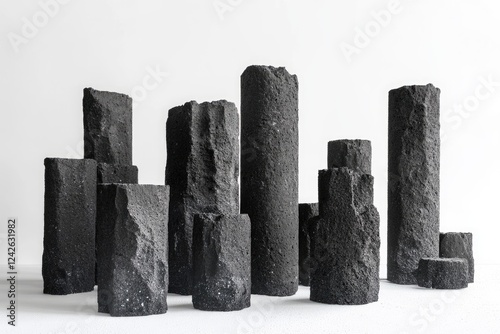 Abstract black stone structures resembling a miniature city skyline, arranged on a white surface. photo