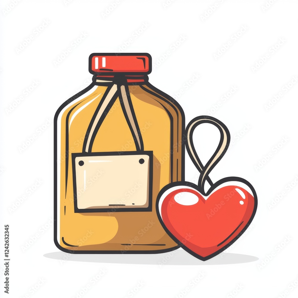 Illustration of a yellow bottle with red cap and heart-shaped tag on a neutral background