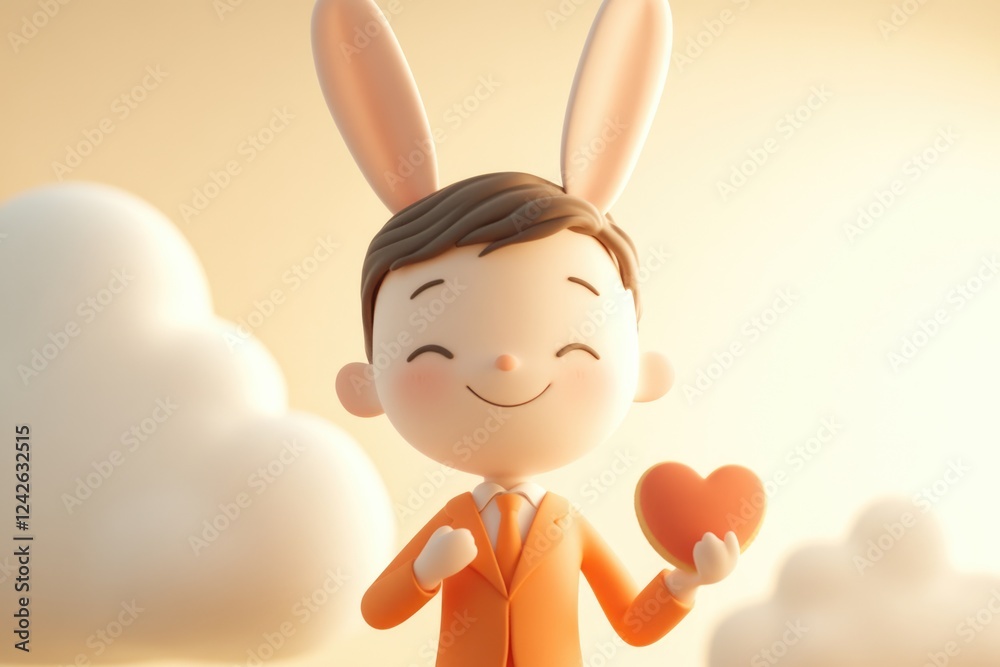 A cute 3D cartoon boy with bunny ears holds a heart, conveying love and warmth. A cute 3D cartoon boy with bunny ears holds a heart, conveying love and warmth.