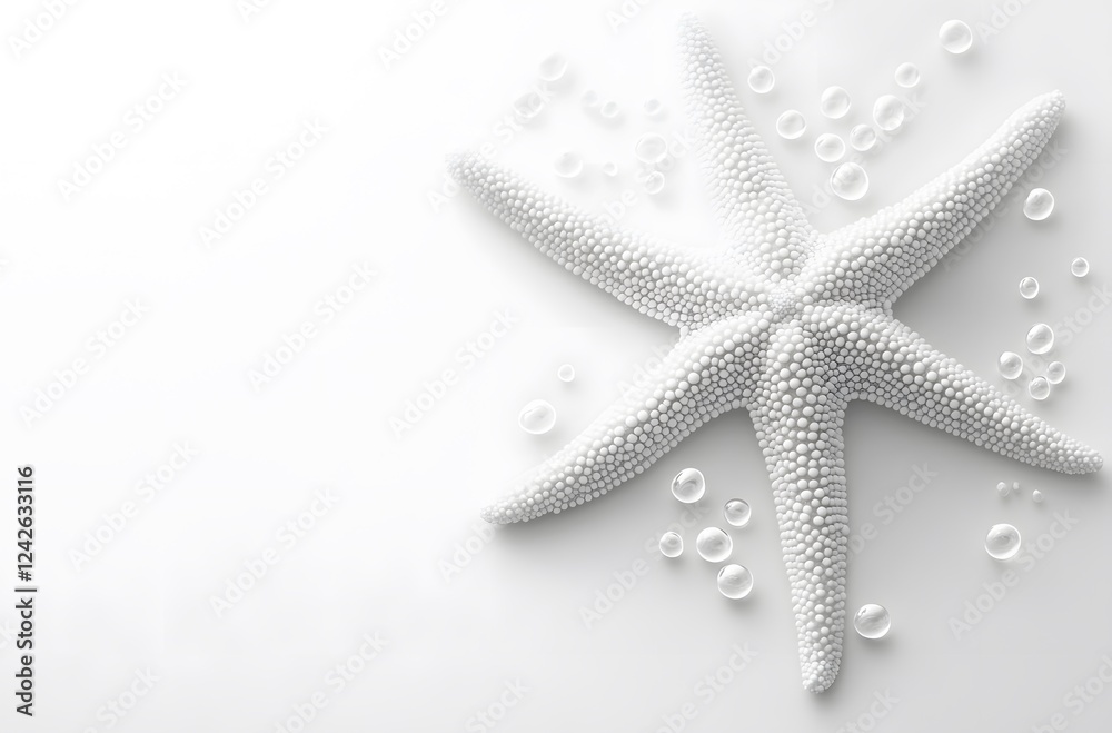 White Starfish and Water Bubbles on White Background